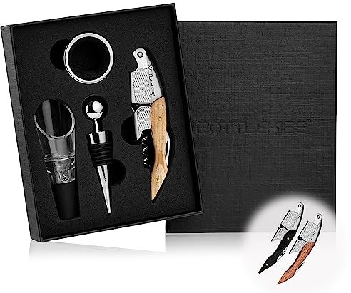 BOTTLEKISS® 4-teiliges Korkenzieher-Set - Einfach zu benutzen, mit ergonomischem Griff- Abtropfring, Ausgießer, Flaschenverschluss, Weinöffner - Langlebig und robust - Perfekt für Geschenke (Eiche)