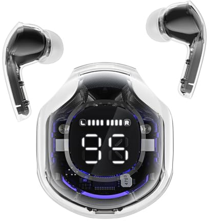 ACEFAST T8 Ecouteurs Bluetooth sans Fil, Oreillette Intra-Auriculaire avec ENC Réduction de Bruit e HiFi Stéréo, Casque Transparente avec Écran LED, Contrôle Tactile Etanche Sport Écouteur, Noir Froid