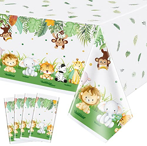 PIXHOTUL 4 tovaglie in plastica con motivo safari nella giungla, simpatiche tovaglie con animali, decorazione per feste di compleanno per bambini, baby shower, 130 x 220 cm