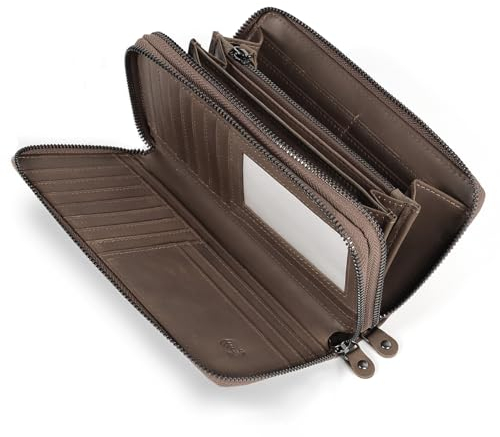 TANTOMI Geldbörse Damen Leder, Echtes Leder Portemonnaie Damen Gross, Geldbeutel mit RFID Schutz Doppelten Reißverschlüssen und vielen Fächern Portmonee, Brieftasche, Damen-Geldbörsen.