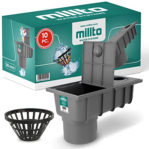 Millto 10x Regensinkkasten mit Sieb 110mm Regenwasserablauf Dachrinnenablauf Hofablauf Entwässerung Abflusstrichter Gully Siphon Gechteckiger Kontrollschacht Rückstauverschluß Geruchsklappe