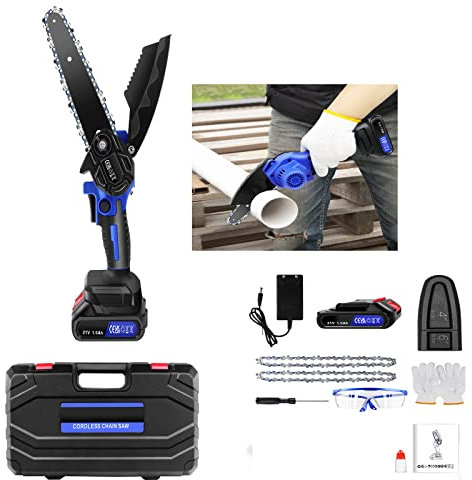 Mini Motosierra Bateria Inalámbricas 6 Pulgadas con Cerradura de Seguridad, 1500 mAh Batería Eléctrica Motosierra de Mano Pequeñas, Con Guantes antideslizantes, Gafas protectoras