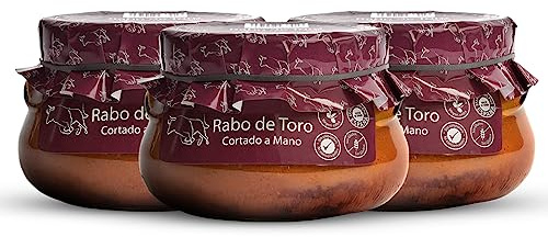 Queue de bœuf sauce au vin rouge coupée à la main. Queue de boeuf mijotée 640grs (Lot de 3). Recette familiale, maison et artisanale. Conserves gourmandes. Cadeau original. 100% Fabriqué en Espagne