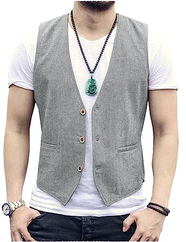 Tiavllya Gilet da uomo senza maniche in cotone e lino casual Gilet da spiaggia estivo slim fit tinta unita a 3 bottoni（M, Grigio chiaro）
