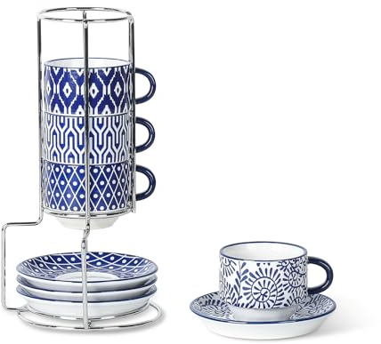 Selamica Ceramic Espresso Cups with Saucers and Metal Stand, 2.5 OZ Stackable Demitasse Cups for Espresso Latte Café Mocha Tea, Set of 4, Vintage Blue