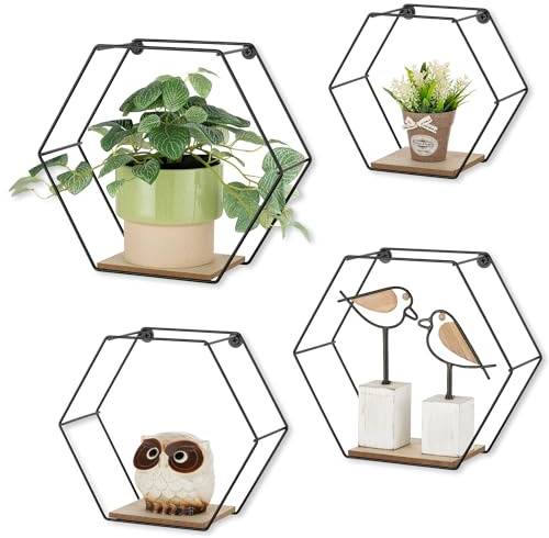 Walasis Hexagon Wandregal Schwarz Metall: 4er Set Schweberegal Wand Regal Wand Deko Wanddekoration Aesthetic Pflanzenregal für Wohnzimmer Schlafzimmer Zimmer Flur | Minimalistische Design, Platzsparende Dekoration Für Wohnzimmer, Schlafzimmer und Eingangsbereich Geeignet