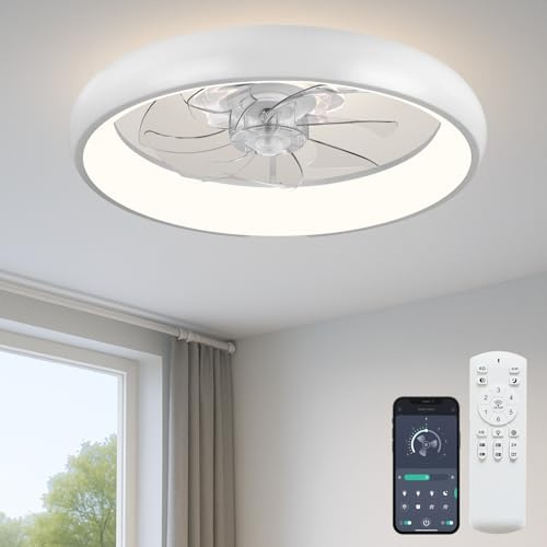 Fszdorj 20'' Ceiling Fan with Light, Upgraded Low Profile Fan, Flush Mount Ceiling Fan, 6 Speeds, Dimmable LED, App & Remote Control, Quiet DC Motor, for Bedroom, Living Room, F109 White