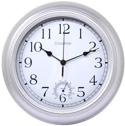12 Outdoor Silver Clock with Thermometer - Waterproof, Retro Vintage Design Wall Clocks, Battery Operated, With Slient Quartz Movement | For Indoor, Garden Patio Pool Bathroom Decor - 30cm / 12 Inch