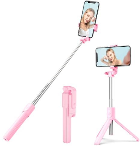 H.May Perché à Selfie, Selfie Stick Trépied pour Téléphone avec Télécommande Détachable Compatible avec iPhone et Android des Smartphones, Enregistrement Vidéo, Blogage, Rose