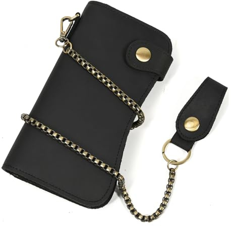 LUUFAN Herren Echtleder Lange Brieftasche mit Mehreren Kartenfächern Reißverschluss Münztasche mit Anti-Diebstahl-Kette Vintage Cash Purse, schwarz