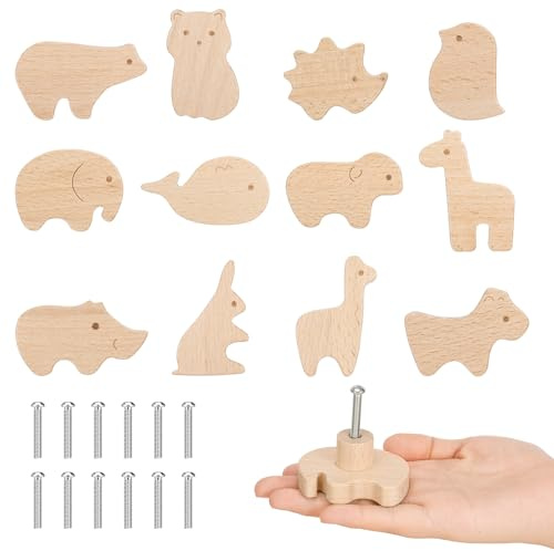 Lvefyti 12 Stück Schrankknöpfe Holz fur Kinderzimmer,Möbelknöpfe Tierformen,Holzknöpfe Kommode mit Schrauben,Tier Holz Schubladengriff,Möbelknauf und Schranktürknöpfe
