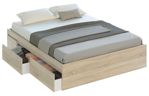 Miroytengo Cama de Matrimonio con 4 cajones Estilo Nórdico Color Roble Canadian 150x190 cm