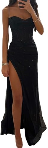 Agiyenna Robe de Soirée Élégante à Paillettes pour Femmes - Sans Manches, Épaules Dénudées, Longue, Sexy, Moulante, Col en V, Bretelles Spaghetti, Fente Haute, Tendance