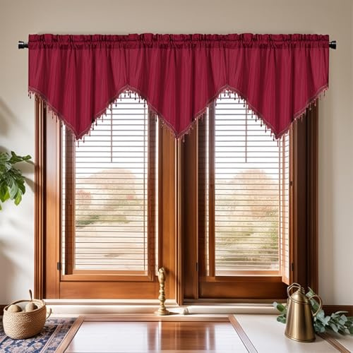 Whoiy Gardine Kurz Rot 1 Stück 60 cm Höhe, Küchen Scheibengardinen Halbverdunkelnde Polyester Modern Bistrogardinen Einfarbig Dreieck mit Quaste Wohnzimmer Landhaus Küchengardine 60x130cm
