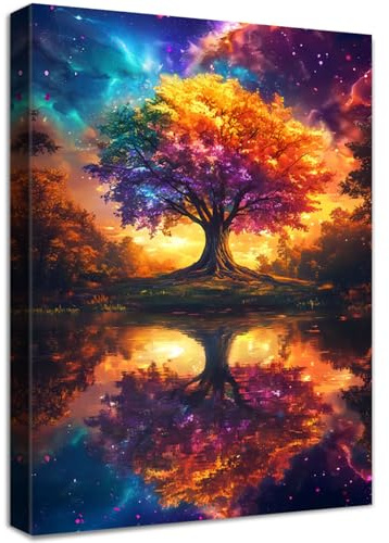Bunter Lebensbaum Leinwand Bilder Mit Rahmen Astral Sonnenuntergang Traumlandschaft Wandbilder Wandkunst Kosmischer Baum Bild auf Leinwand Malerei Korridor Schlafzimmer Badezimmer Wanddekor 40x60cm