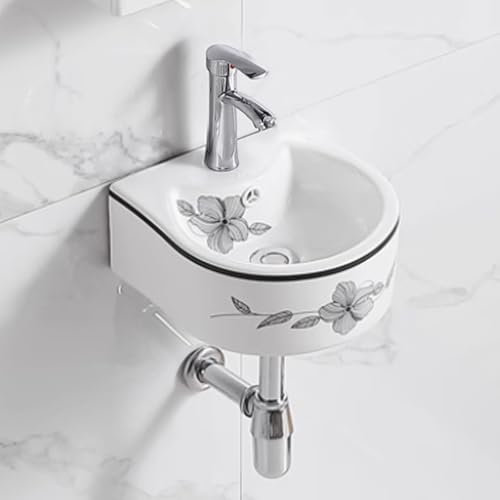 BRCYKRWY Moderner Waschtisch Weiß Waschbecken Mini Waschbecken Mit Überlauf Und Hahnloch Wandmontage Keramik Eckwaschbecken Wandhalterung Waschbecken Ovales Handwaschbecken Klein Gäste Wc