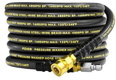 3/8 Pressure Washer Hose 25ft 4800PSI, Power Washer Hose Steel Wire Braided with Swivel Quick Connect, Commercial Grade Industrial High Pressure Water Washing Hose (4800PSI, 25FT)