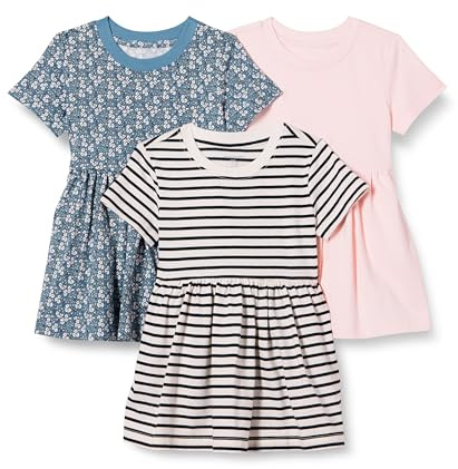 Amazon Essentials Vestido de jersey de manga corta Niña, Pack de 3, Floral/Rayas Marineras/Rosa Pálido, 6-7 años