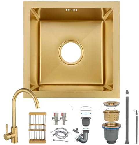 HZKSINNK 38 x 38 cm Évier de cuisine, évier de cuisine, évier sous plan de travail ou sur plan de travail avec filtre de drainage Doré brossé