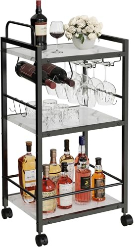 Carrito de bar para el hogar, carros de cocina de 3 niveles con ruedas, carrito pequeño con soportes de vidrio, estante para vino, mini carrito de bar para cocina, comedor, sala de estar, 13.0