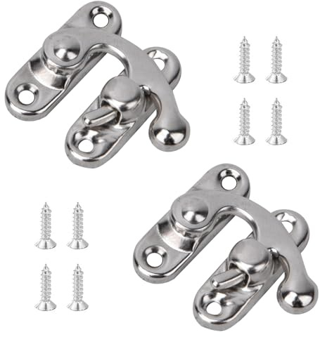 Misuyue 2pcs Vintage Lock Clasp, Silvery Right Latch Hook Hasp 32 x 28mm | Antique Swing Arm Mini Small Hook and Eye Latch for DIY Suitcase Toolbox Wooden Case Jewelry Box