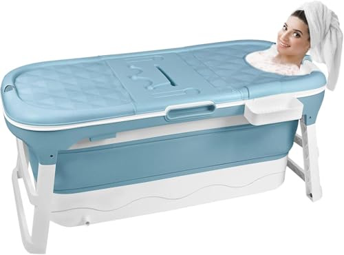 Baignoire pliable pour adulte XXL 118 * 60 * 53cm, Baignoire portable pliable avec couvercle, repose-tête et rouleau de massage, baignoire pliable pour salle de bains