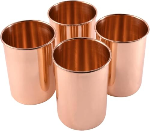 Aakrati Lot de 4 tasses 100 % cuivre pur fabriquées à la main - Qualité supérieure - Non doublés - Design minimaliste (100 % cuivre pur) (uni)