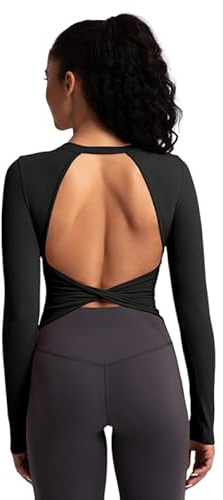 T-shirt de sport pour femmes à manches longues sans dos : haut twist avec coupes fixes - Sexy T-shirt d'été pour yoga, fitness et gym, Noir , M