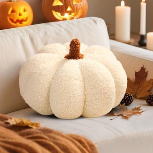 DASIAUTOEM 3D Plüsch Kürbis Dekokissen, Kürbis Kissen Herbstdeko, Halloween Zimmer Deko Zierkissen für Kinderzimmer Sofa Frucht Kinder Spielzeug Geschenk (Weiß, 28cm)