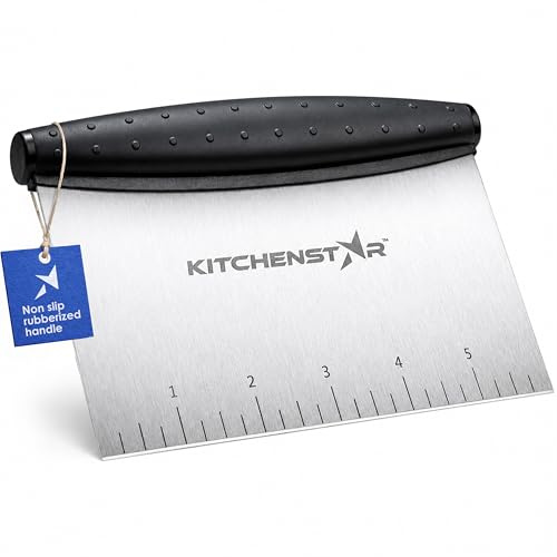 KitchenStar Dough Scraper 6-inch, Sharp Stainless Steel Bench Scraper Pizza Cutter with Measurement Markings & Non-Slip Handle, Pastry Cutter for Bread, Pizza & Vegetables, Dishwasher Safe