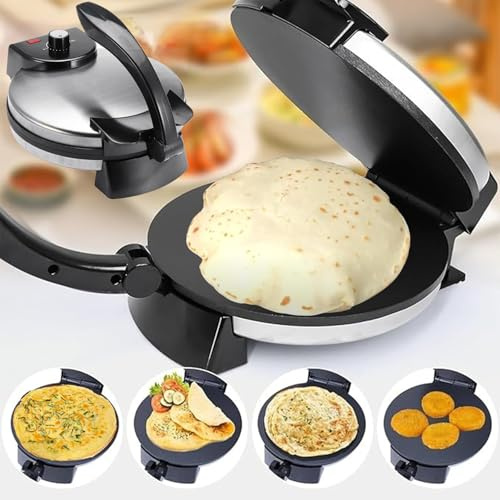 Electric Roti Maker, 10 Inch Non Stick Chapati Maker, 1800W Stainless Steel Roti Press with Anti-Scald Handle and Indicator Lights, Adjustable Temperature for Pancakes and Crepes