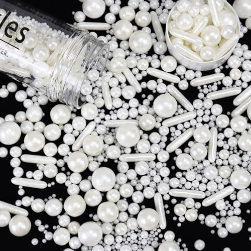 130g Edible White Pearl Sprinkles for Cake Decorating, Mix Size, Edible Sugar Ball Candy Pearls, Cake Topper, Cupcake, Cookies, Birthday Wedding Party,Cake Decoration (2-14mm++)