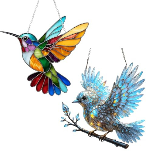 Sonnenfänger Kolibri, 2 Stück Farbiger Lichtfänger Aus Acryl Mit Glas-Effekt - Fensterdeko Hängend Für Garten, Balkon, Terrasse, Büro Und Wanddekoration