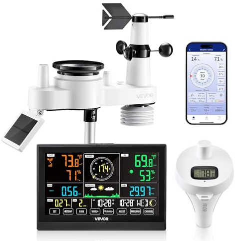 VEVOR 7-in-1 Wi-Fi Weather Station with APP, 7.5 in Display, Wireless Solar Powered Outdoor Sensor, with Pool Thermometer, Rain Gauge, Indoor Outdoor for Weather Forecast, Wind Speed, Pool Temperature