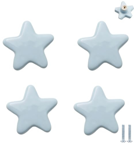 PIYYQNY Kitchen Cabinet Pull Handles 4 Pack Children's Room Ceramic Handles Cartoon Drawer Knobs Suitable for Wardrobes Cabinets Dressing Table Drawers(Blue Star 46mm)