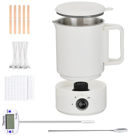 TECKZOON Scaldacera Portatile 800 ml, Acciaio Inox 316, Set Completo per Candele con Termometro, 100 Stoppini, 100 Adesivi Stoppino, 5 Supporti Stoppino & Cucchiaio Mescola, candele fai da te