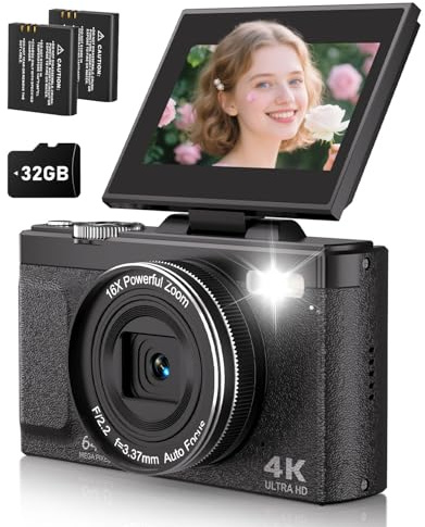 EJXHKNF 4K 64MP Digital Camera with Flip Screen, Retro Vlogging Cameras for YouTube, Compact Photography Camera Gift for Beginners & Teens, Travel Video Camera with 32G Card, 2 Batteries(Black)