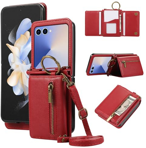 ESONG Portefeuille Bandoulière Coque pour Samsung Galaxy Z Flip 6/Flip 7 FE avec Anneau, Etui en Cuir PU Flip Folio Cordon Housse pour Fille, Magnétique, Béquille, Fentes de Cartes Rouge