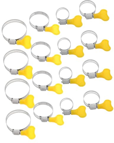 FIXOSHEE 16pcs Stainless Steel Thumb Screw Hose Clamps Adjustable Pipe Clamps with Plastic Yellow Handles for Water Pipes Air Hoses Plumbing Automotive Mechanical Use