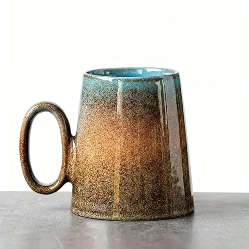 Ximoryn Vintage Gradient Glaze Ceramic Mug, 400ml Large Capacity Handled Cup for Coffee/Tea, Artistic Home Drinkware (Blue, Brown & Teal Fade)