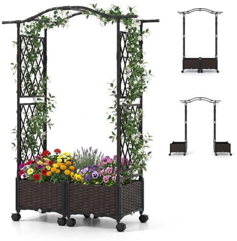 GOPLUS Arche de Jardin avec Bacs à Plante, 2 en 1 Jardinières Auto-Arrosants avec Treillis roulettes,Trous Drainage, Pergola Jardin pour Plantes Grimpantes, Légumes (Brun,153x40x147CM)