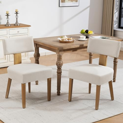 ZJhome Dining Chairs, Fabric Upholstered Wood Kitchen Chairs Set of 2, Linen Curved Backrest Accent Chairs,Farmhouse Modern Dining Chairs with Foot Pad for Kitchen/Living Room/Restaurant/Cafe-Beige