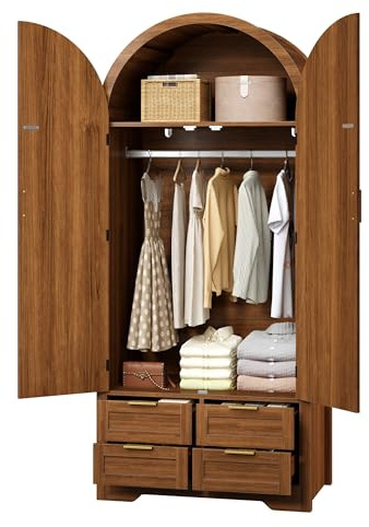 KecDuey Armario con puertas curvas, amplio espacio de almacenamiento,Armarios para niños con barra para colgar y cajones,Compartimentos de almacenamiento de lujo, adecuado para dormitorios y áreas de