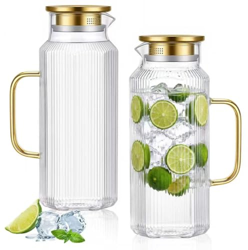 D.M DESIGN·MASTER[2 Pack, 68 OZ/ 2 Liter] - Octagon Glass Water Pitcher with Lid and Spout, Classic Stripes Water Pitchers with Handle, Borosilicate Glass Carafe for Hot/Cold Drink, Perfect for Juice.