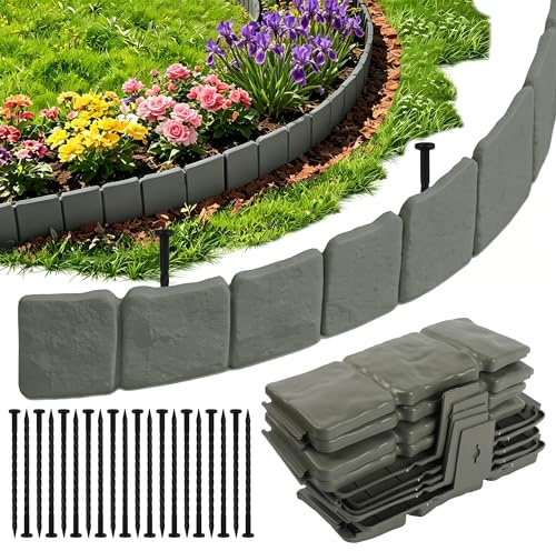 Gimars Bordure de Jardin Extérieur 5m Hauteur 9.5cm Flexible Plastique Gris | Bordures de Pelouse Flexibles Imitation Pierre Petite Clôture pour Jardins Palissade Décorative