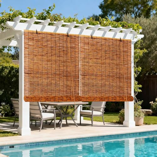 Natural Bamboo Blinds No Drilling 55 90 100 110 120 140 150 160 180cm Outdoor Roller Blinds Waterproof Roman Blind for Windows Shutters Kitchen Garden Porch Shades Easy to Install Brown(W90xH200cm)