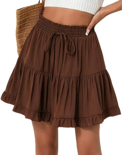 Heynino Womens Solid Color Casual Skater Skirt Boho A-Line Flared Skirts Stretchy High Waist Summer Short Skirt Brown S