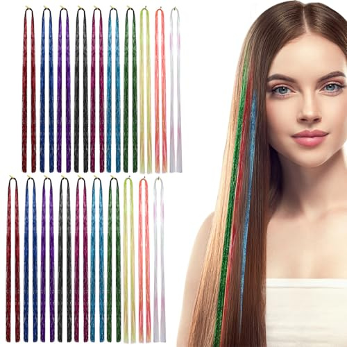 DINHEAROM aus Synthetischer Faser Bunte Haarsträhnen zum Flechten 20 Stück mit Glitzerndem Design 90cm lang Einfach zu Verwenden für Ponytails und Besondere Anlässe