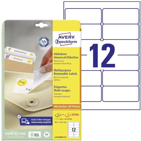 AVERY Zweckform L4743REV-25 Universal Etiketten (300 plus 60 Klebeetiketten extra, 99,1x42,3mm auf A4, wieder rückstandsfrei ablösbar/abziehbar, bedruckbar, selbstklebende Aufkleber) 30 Blatt, weiß