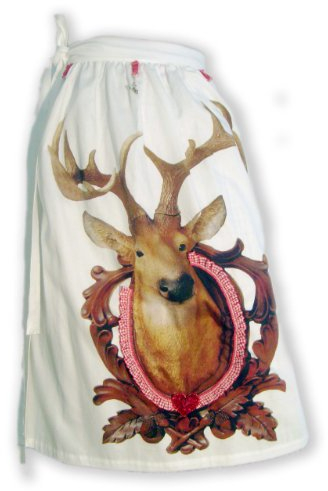 Schürzenliesl,Designer Dirndl Schürze Hirsch im Rahmen weiss, Strass, Karorüsche, Paillettenherz(60cm)